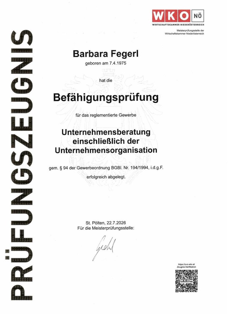 Prüfungszeugnis WKO Niederösterreich: Befähigungsprüfung Unternehmensberatung, Barbara Fegerl, Juli 2026