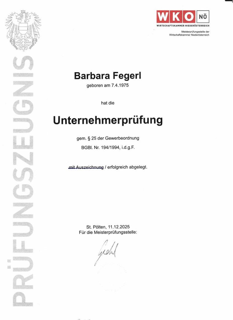 Prüfungszeugnis WKO Niederösterreich: Unternehmerprüfung, Barbara Fegerl, Dezember 2025